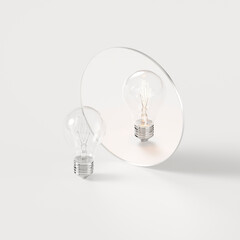 different light bulb reflection in mirror on white background, motivational metaphor, sign or stimulus