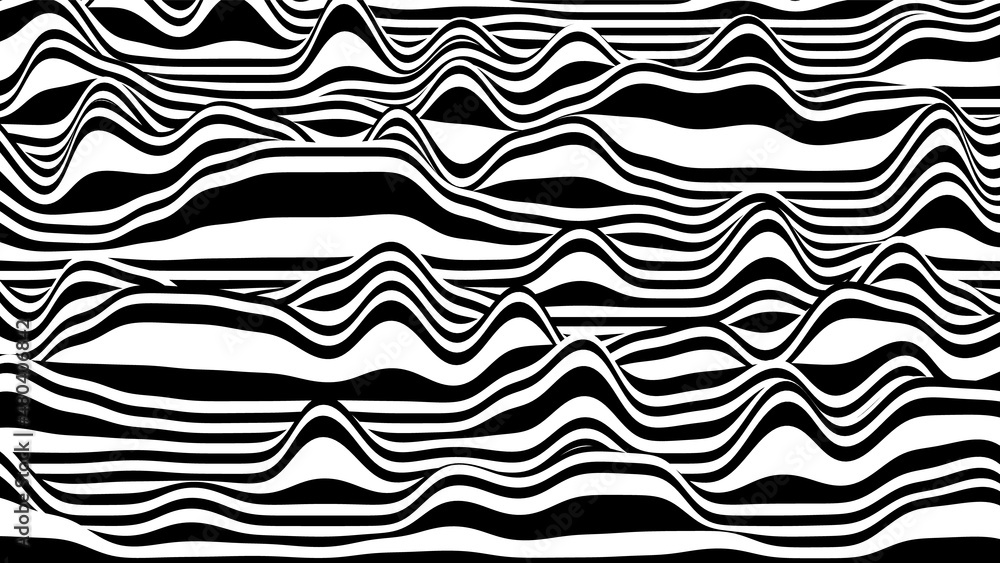 Poster trendy 3d black and white stripes distorted backdrop. procedural ripple background with optical illu