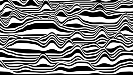 Trendy 3D black and white stripes distorted backdrop. Procedural ripple background with optical illusion effect