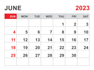 Calendar 2023 template, June 2023 layout, Printable minimalist monthly planner, Desk Calendar 2023 template, Wall calendar 2023 design, Week Start On Sunday, Stationery, printing, red color, vector - obrazy, fototapety, plakaty