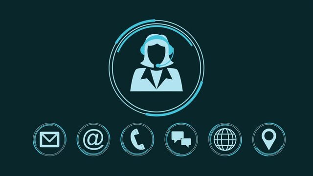 infographic animation about customer care support, contact us, help desk, call center, 2d icons animation, luma matte for background replacement, seamless loop