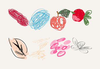 Set of Artistic Hand Drawn Fruits Flowers and Scribbles