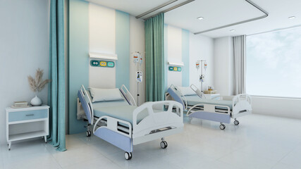 Hospital recovery room with beds.3d rendering