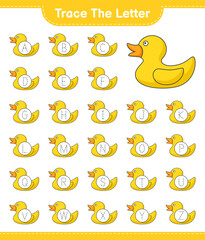 Trace the letter. Tracing letter alphabet with Rubber Duck. Educational children game, printable worksheet, vector illustration