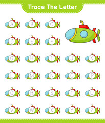 Trace the letter. Tracing letter alphabet with Submarine. Educational children game, printable worksheet, vector illustration