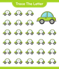 Stickers pour porte Course de voitures Trace the letter. Tracing letter alphabet with Car. Educational children game, printable worksheet, vector illustration