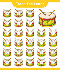 Trace the letter. Tracing letter alphabet with Drum. Educational children game, printable worksheet, vector illustration