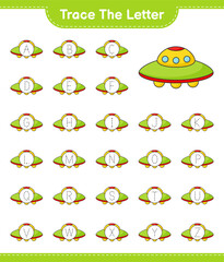 Trace the letter. Tracing letter alphabet with Ufo. Educational children game, printable worksheet, vector illustration