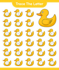Trace the letter. Tracing letter alphabet with Rubber Duck. Educational children game, printable worksheet, vector illustration