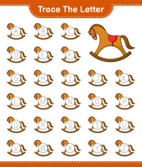 Trace the letter. Tracing letter alphabet with Rocking Horse. Educational children game, printable worksheet, vector illustration