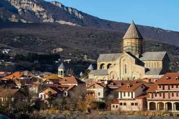 Old famous town in Georgia, Mtskheta. Svetitshkoveli cathedral and church view,