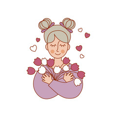 A girl with a festive spring bouquet. valentine's day. Vector illustration. The concept of a cartoon character. The pattern is suitable for prints, postcards, stickers.