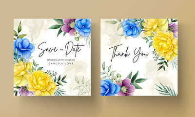 Floral wedding invitation template set with beautiful flowers and leaves decoration