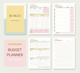 Minimalist printable planner page templates. Monthly, weekly budget planner. Goals, notes for the month. Vector graphic set for budget organization.