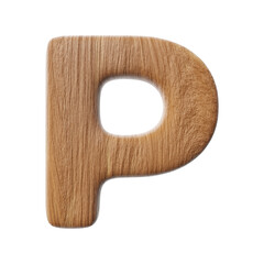 Wooden letter P on clean white background isolated wood bark letters 3D render