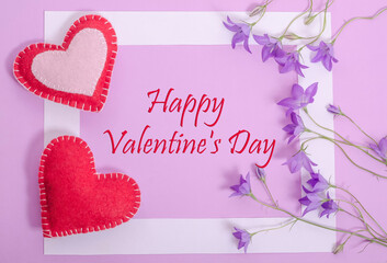 Lilac background greeting card in the style of Very Perry with the inscription Happy Valentine's Day with hearts and flowers