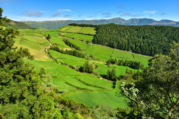 View from Miradouro da Lomba to Vasco. The green fields of the Sao Miguel island. Azores, Portugal.