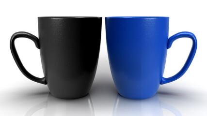 Isolated Blue and Black Tea Mugs on White Background.