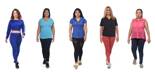 front view of a group of woman walking on white background