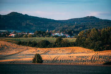 Fototapeta premium summer evening landscape with field, forest, hills and village