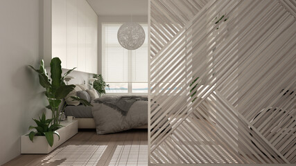 Wooden panel close-up, luxury modern bedroom with double bed, parquet floor. Minimalist zen interior design concept idea, contemporary