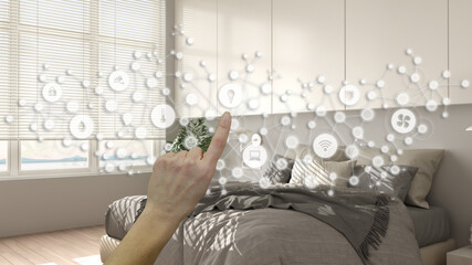 Glowing smart home interface, geometric background, connected line and dots showing internet of things system, hand pointing icons over bedroom interior, home automation concept