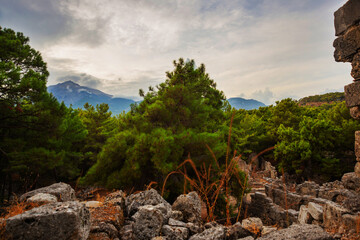 PHASELIS, TURKEY: View of the ruins of the ancient city of Phaselis on a cloudy day