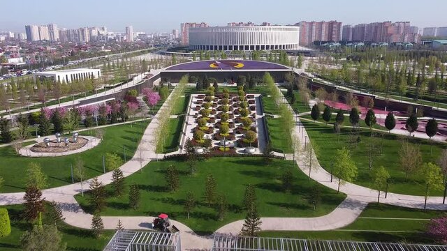 Public Park Krasnodar (Galitsky Park). Krasnodar. Russia. Aerial View. Aerial view of Krasnodar Park. Aerial view of Krasnodar. The most beautiful park in Europe. Drone camera.
