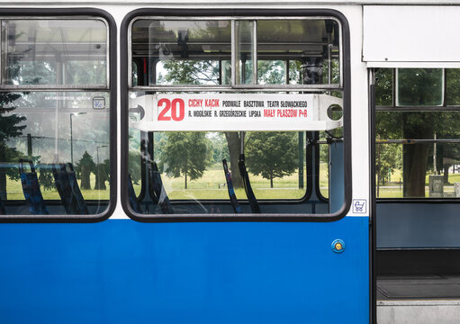 Konstal 105N/NA tram information plate listing the main stops along the route. Classic Polish tramway at the Cichy Kacik stop in Krak&oacute;w, Poland. MPK Krakow Public Transport.