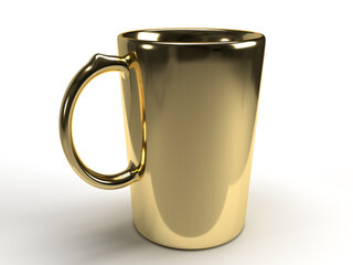 Isolated Side View of Gold Metallic Tea Cup, Expensive Golden Coffee Mug on White Background, 3D Illustration.
