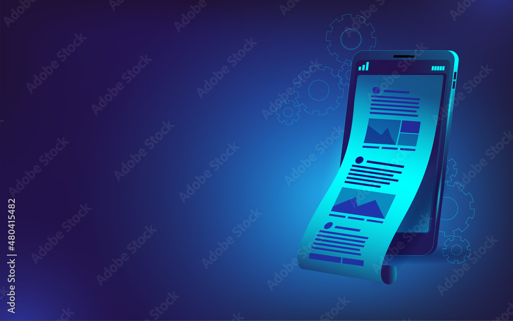 Poster mobile phone with news feed. vector illustration on the topic of promotion in social networks and cr