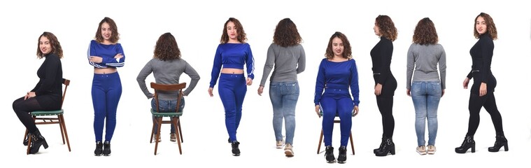 woman with various poses and different outfits on white background