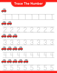 Trace the number. Tracing number with Car. Educational children game, printable worksheet, vector illustration