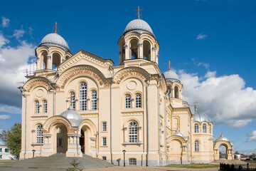 Fototapeta na wymiar View of the Christian Orthodox Church. Holy cross Cathedral in the city of Verkhoturye, Russia.