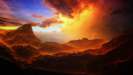 Unreal beautiful sunset over the mountains with a very beautiful sky. 3d illustration
