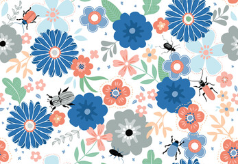 Pretty beetles, bugs, and insects mingle among this lovely floral vector pattern. Repeating pattern can be used for webpages, packaging, backgrounds, or surface designs.