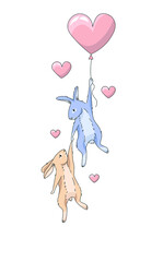 Two rabbits flying on a heart shaped ballooon.