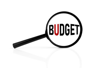 BUDGET.text inside a black magnifier on a gray background. Money annual budget concept