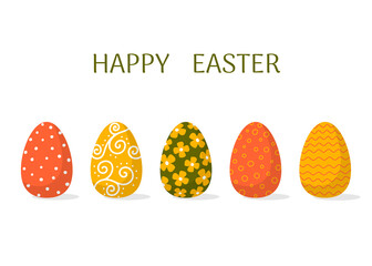 Happy Easter greeting card template. Decorated Easter eggs in flat style. 