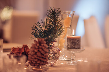 Empty crystal glasses on house dinner table. Restaurant, banquet setting with crystal glasses