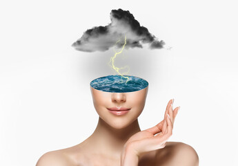 Beautiful Woman with Clean Fresh Skin. Black cloud over head with lightning. Headache and psychology