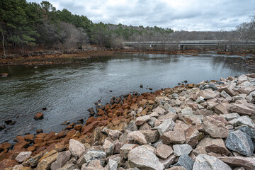 Below the Falls Lake Dam in Raleigh with the Falls of Neuse Road Crossing, NC