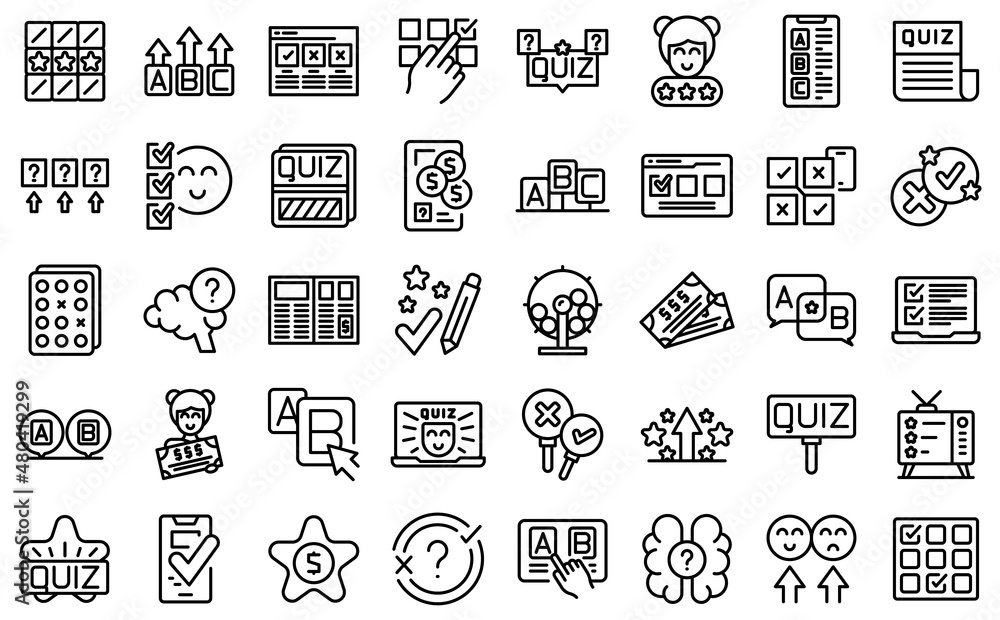 Poster quiz icons set outline vector. bubble poll