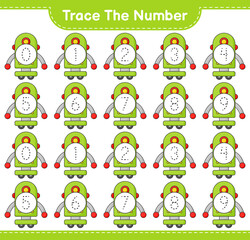 Trace the number. Tracing number with Robot Character. Educational children game, printable worksheet, vector illustration
