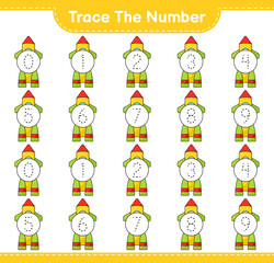 Trace the number. Tracing number with Rocket. Educational children game, printable worksheet, vector illustration
