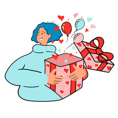 Young woman holding a Gift box with balloons and hearts, greeting card. Doodle style drawing, vector illustration for Valentine's Day, birthday for banner, sticker and greeting card.
