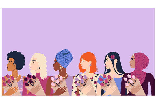 A greeting card. International Women's Day. March 8th. Women of different nationalities and cultures in profile with bouquets of flowers. A united group of people, a movement. Feminists. Together.