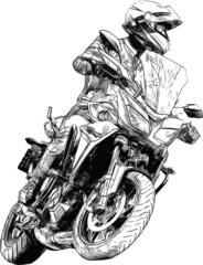 Biker on a motorcycle riding fast on the road. White silhouette of a motorcyclist in a helmet on a...