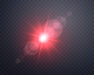 Red sunlight lens flare, sun flash with rays and spotlight. Glowing burst explosion on a transparent background. Vector illustration