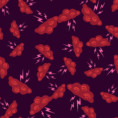 Clouds with lightning of seamless pattern. Cute hand drawn background.